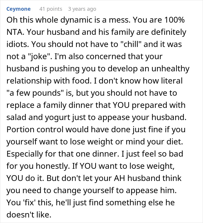 Reddit comment discussing a man calling his daughter-in-law fat, while her husband laughs and defends his father. Reddit comment discussing a man calling his daughter-in-law fat, while her husband laughs and defends his father.