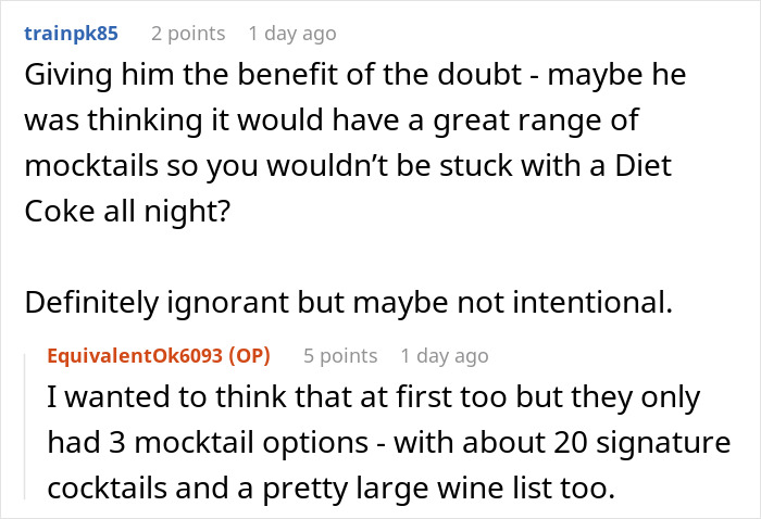 Online conversation about a recovering alcoholic declining a second date focused entirely on bars and drink options. Online conversation about a recovering alcoholic declining a second date focused entirely on bars and drink options.