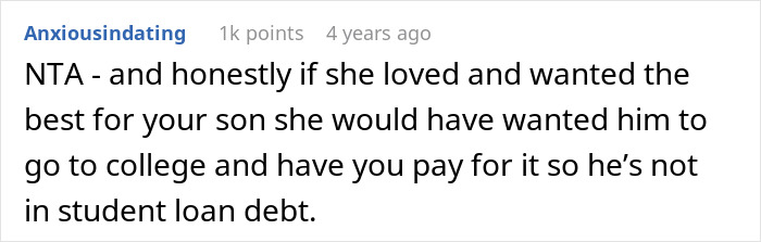 Screenshot of a forum comment discussing a mom urging her son not to marry his girlfriend straight after high school.