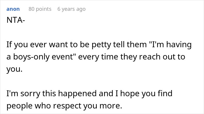 Text comment on forum about guy furious after family refuses to include him in girl days and advice on immaturity and growth.