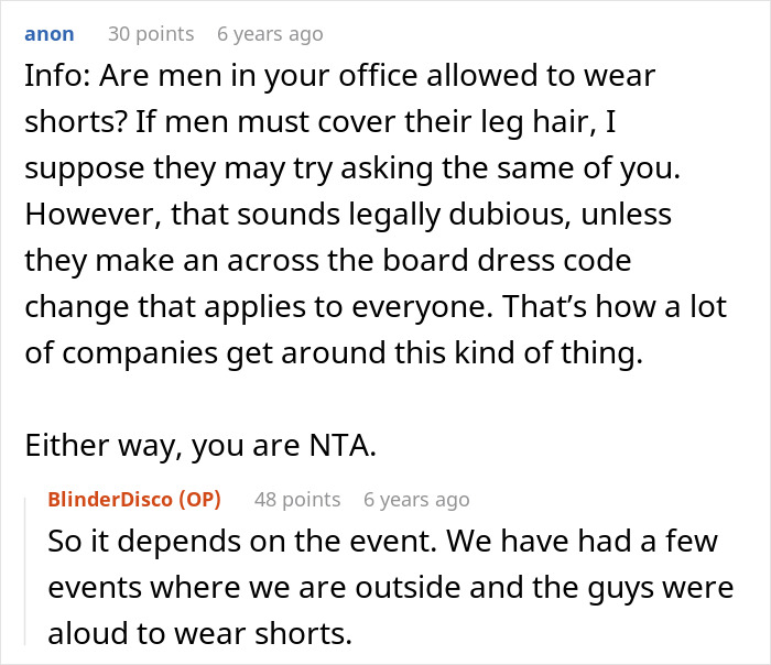 Discussion about dress code at work and whether men can refuse shaving legs while wearing shorts in the office.