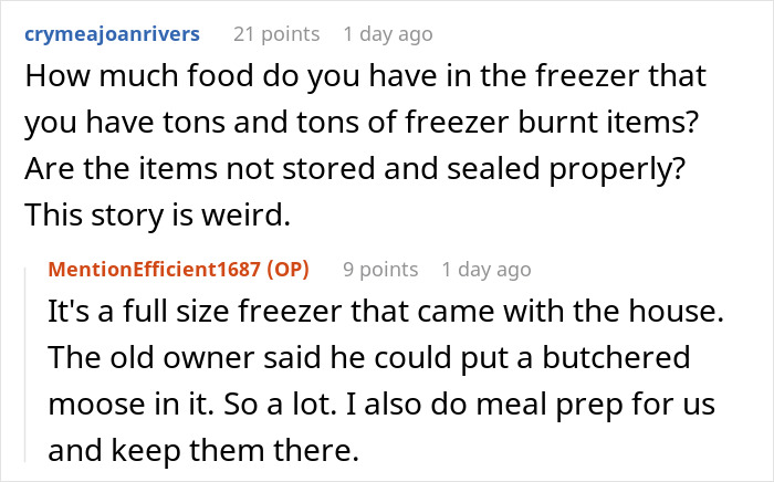 Screenshot of a Reddit conversation about freezer storage issues in a story where wife is furious after husband embarrasses her.