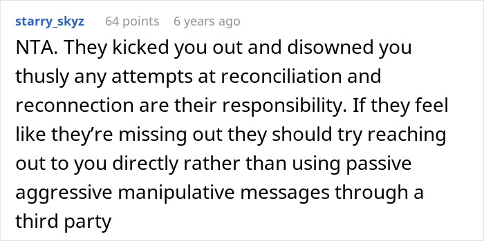 Comment discussing a woman refusing to let her parents see her baby due to a 15-year-old family conflict. Comment discussing a woman refusing to let her parents see her baby due to a 15-year-old family conflict.