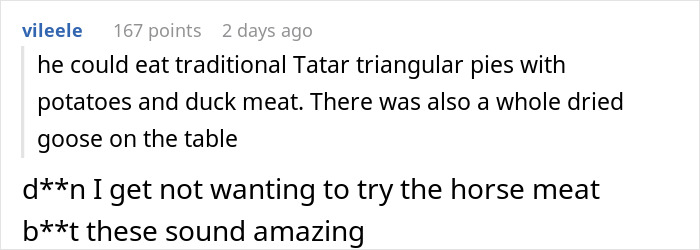 Screenshot of online comments discussing traditional food with unusual ingredients, expressing mixed reactions and surprise.