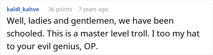 Screenshot of a Reddit comment praising a master level troll in a discussion about rearranging MIL&rsquo;s furniture as part of a long game.