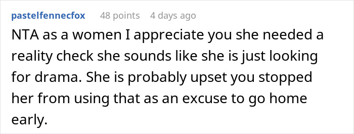 Screenshot of a forum comment discussing workplace drama after a woman reported a man to HR.