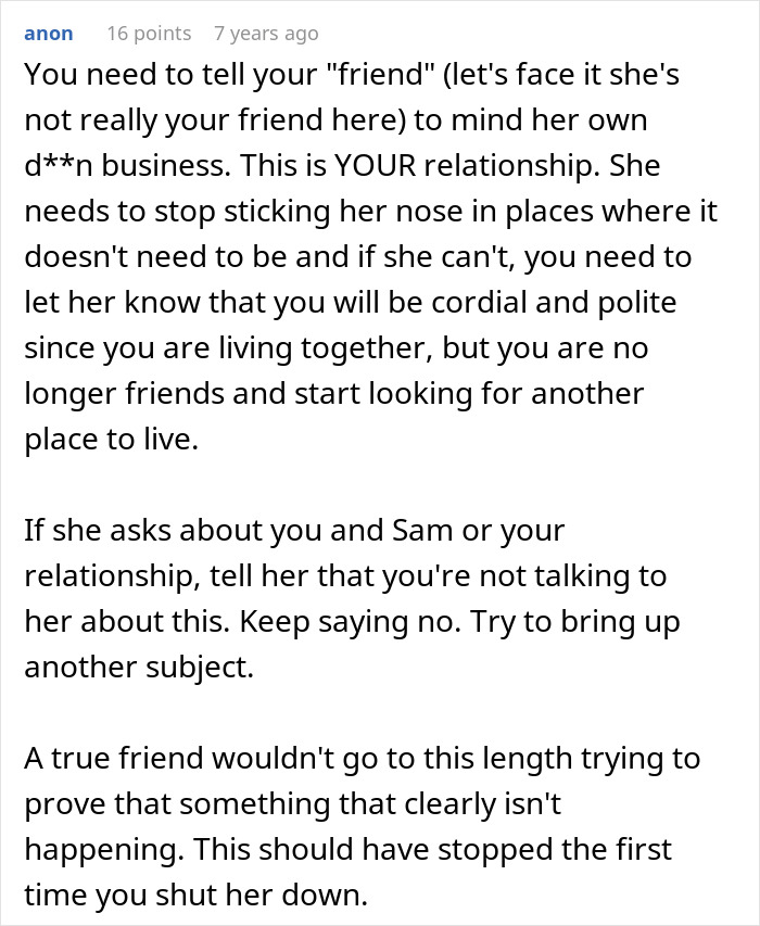 alt text: Digital comment warning about fabricated cheating evidence used to convince a friend to dump boyfriend and the plan backfiring.