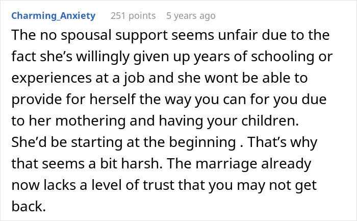 Text post discussing unfairness of no spousal support and trust issues in marriage after wife agrees to an open marriage. Text post discussing unfairness of no spousal support and trust issues in marriage after wife agrees to an open marriage.
