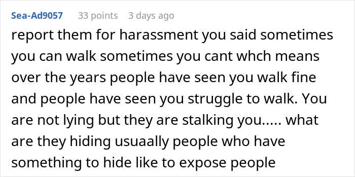 Woman films coworker after work trying to prove she is not actually disabled amid harassment claims.