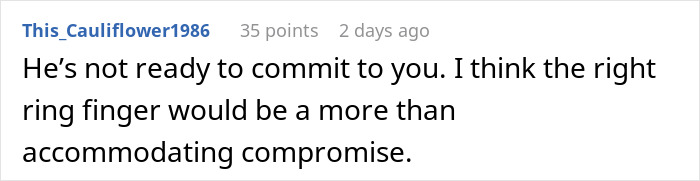 Comment by user This_Cauliflower1986 discussing a widower boyfriend's wedding ring and relationship commitment.