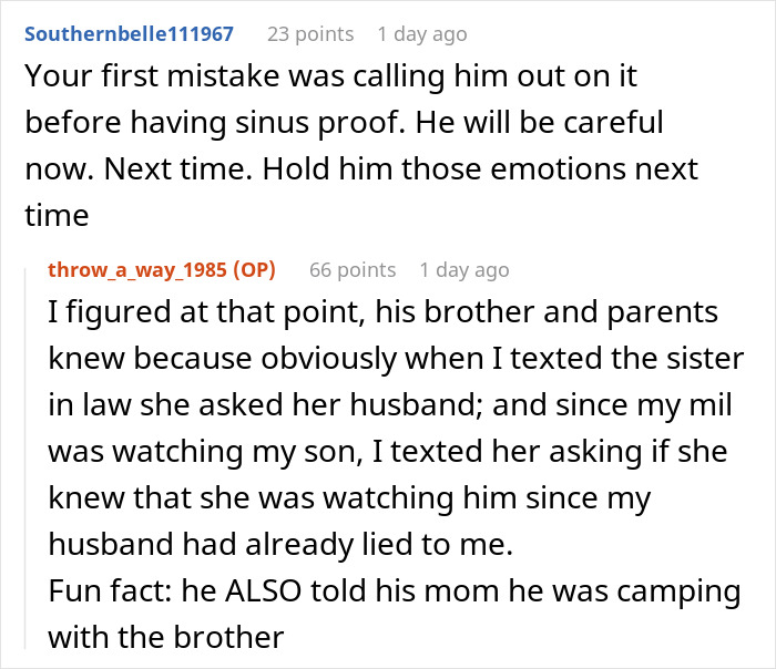 Screenshot of a Reddit conversation about a husband lying to his wife regarding a camping trip with his brother.