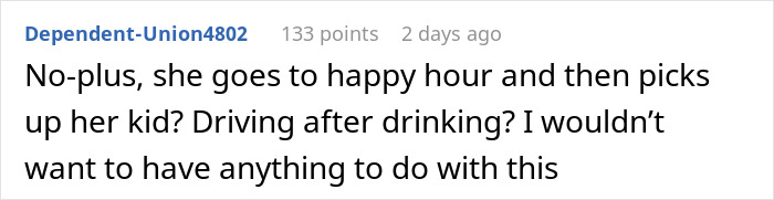 Alt text: Comment discussing a drunk lady arriving late after happy hour to pick up her kid, raising concerns about drinking and driving.