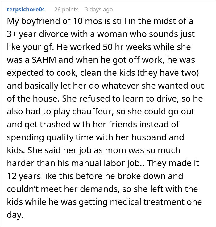 Reddit comment screenshot about a man feeling like his GF's ATM after she quit her job and demanded marriage for security. Reddit comment screenshot about a man feeling like his GF's ATM after she quit her job and demanded marriage for security.