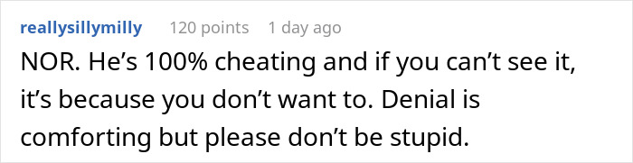 Text conversation screenshot showing a comment about denial and cheating related to a husband telling wife about camping trip with bro.