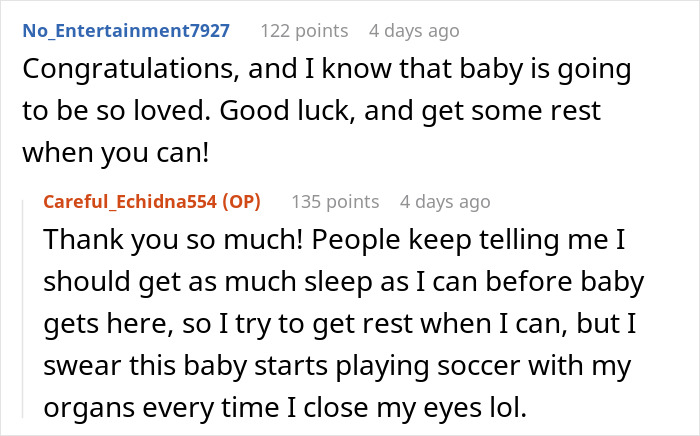 Screenshot of a Reddit conversation about pregnancy, rest, and preparing for a baby’s arrival with humor. Screenshot of a Reddit conversation about pregnancy, rest, and preparing for a baby’s arrival with humor.