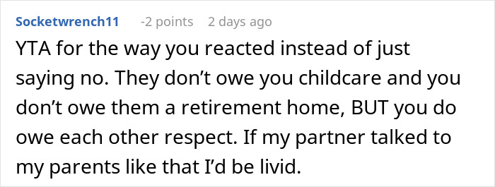 Screenshot of an online comment discussing in-laws refusing to help with childcare and the conflict over moving in.