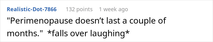 Reddit comment screenshot from Man suspects wife thread: user laughs saying perimenopause doesn't last a couple of months