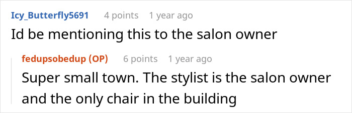 Screenshot of a conversation about a woman sharing a crazy story regarding her hair stylist and a strange hair shrine.