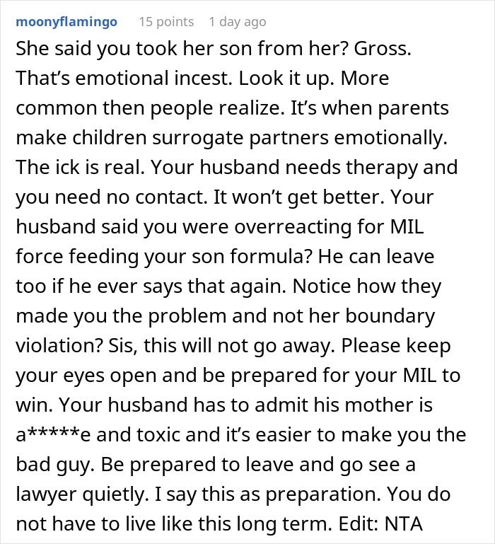 Reddit comment screenshot about a mom takes her baby storming off from MIL's house over forced feeding dispute Reddit comment screenshot about a mom takes her baby storming off from MIL's house over forced feeding dispute