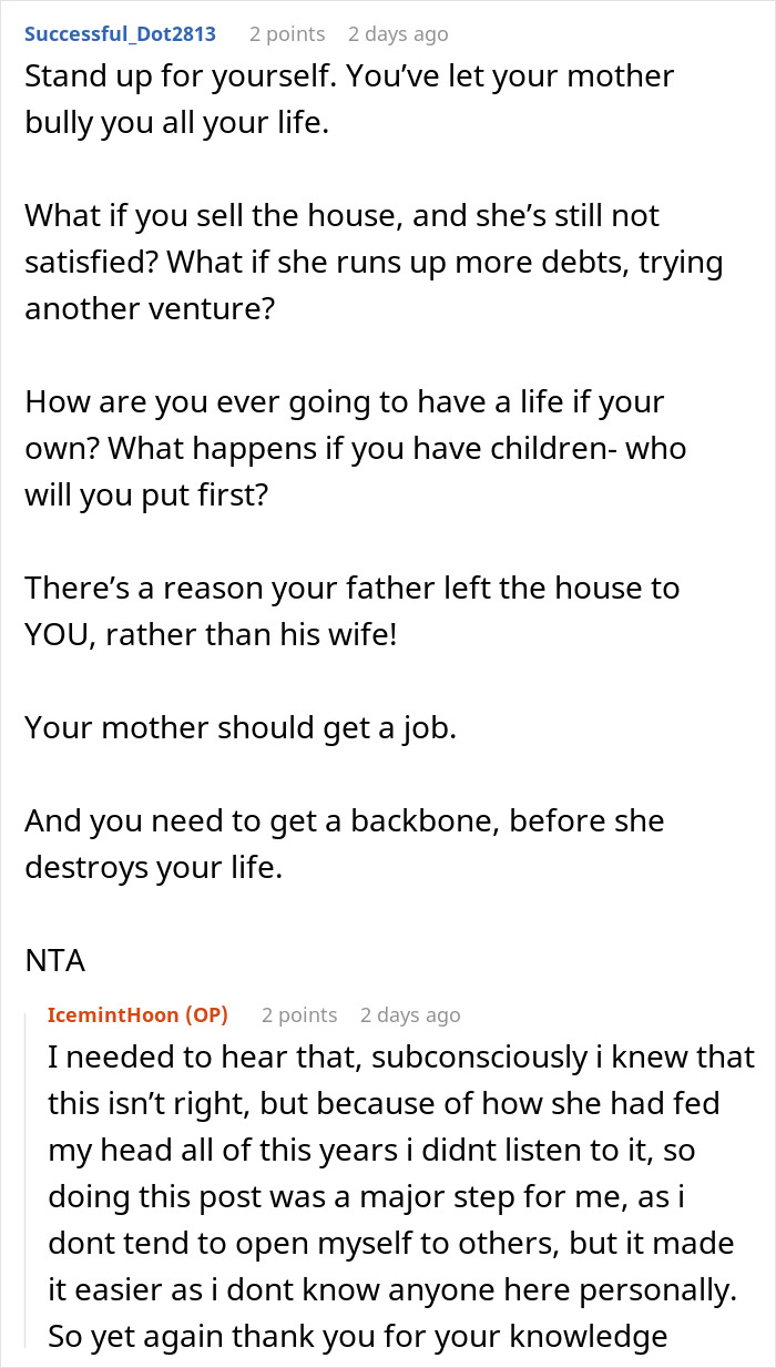 Reddit user advising daughter to stand up to mom in $37K debt over inherited home dispute.