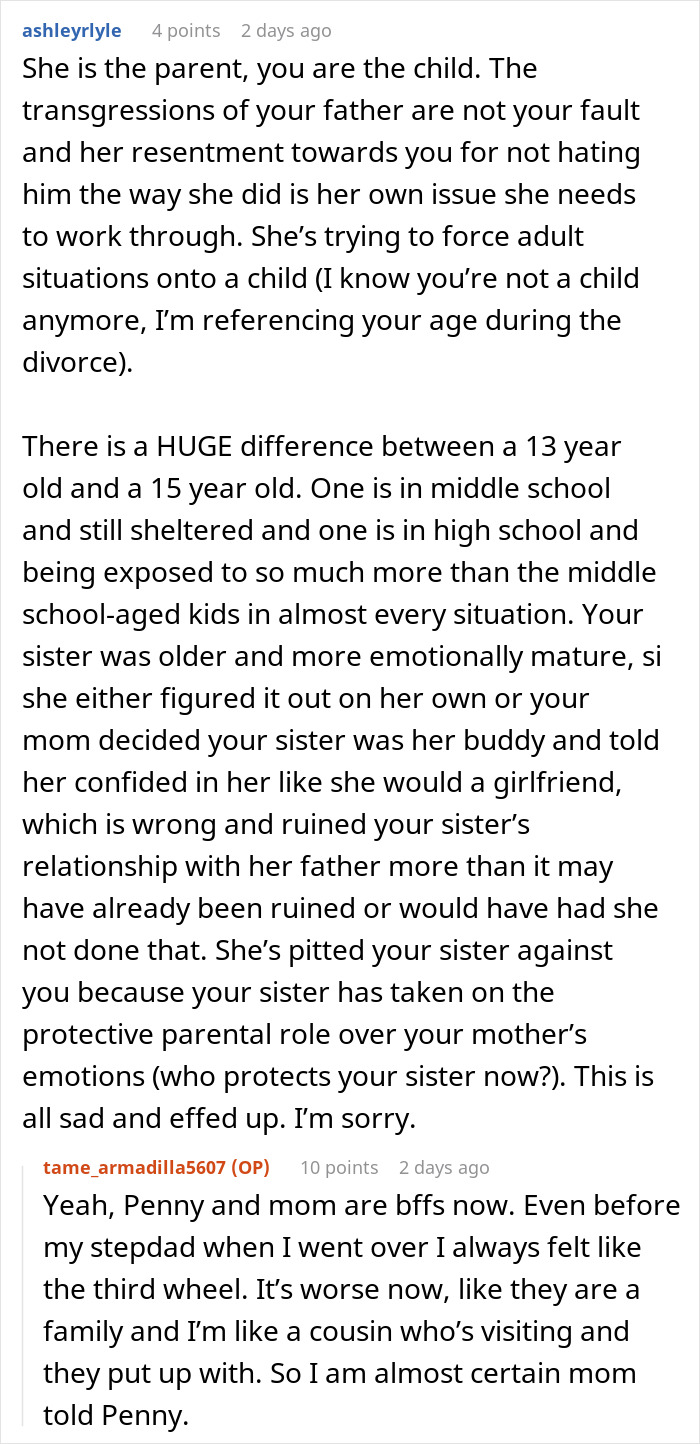 Reddit comments discussing a mom blaming her daughter for picking dad during the divorce and family conflict. Reddit comments discussing a mom blaming her daughter for picking dad during the divorce and family conflict.