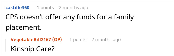 Text conversation screenshot showing a discussion about CPS funding and kinship care in family placement cases.