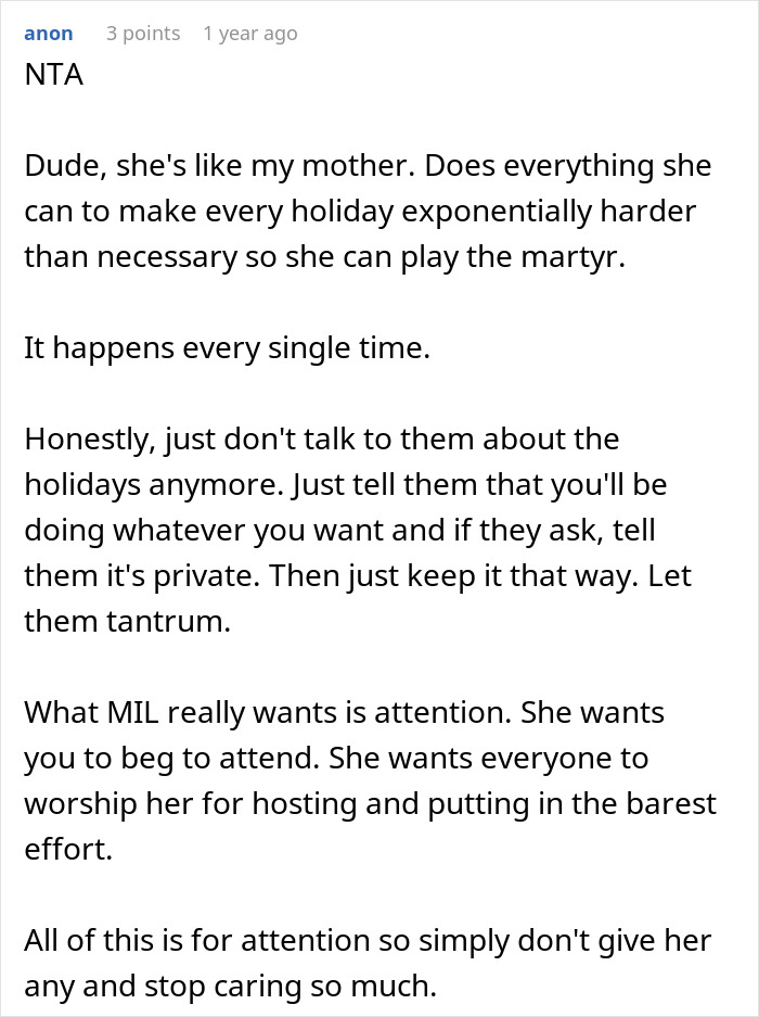 Reddit comment discussing a woman refusing to attend MIL&rsquo;s Thanksgiving after being reinvited due to other guests flaking.
