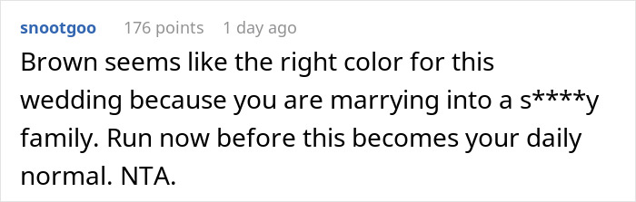 Comment discussing wedding attire conflict as mother dictates groom&rsquo;s choices, leading to refusal of marriage.