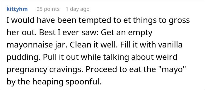 Comment about tricking someone with expired food in her pantry from 1999 and pregnancy cravings in a text post. Comment about tricking someone with expired food in her pantry from 1999 and pregnancy cravings in a text post.