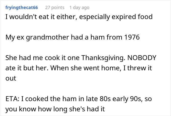 Reddit comment discussing expired food stories, focusing on expired food in her pantry and concerns over food safety.