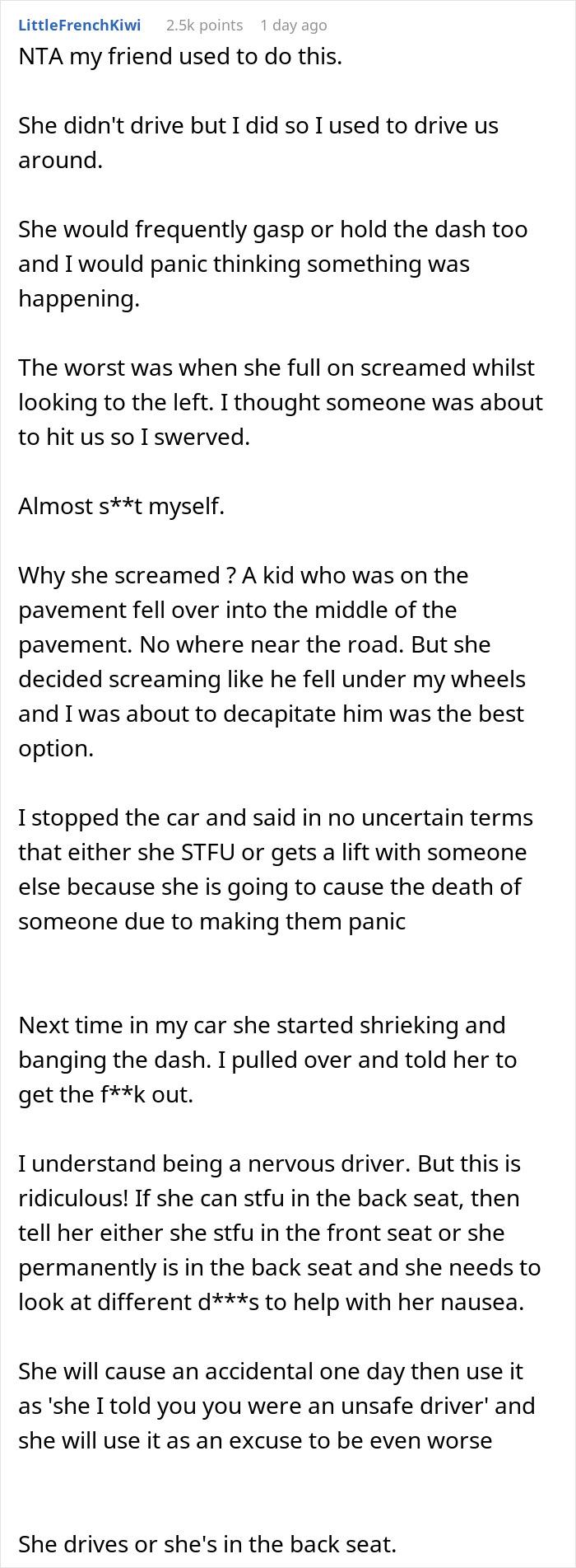 Text conversation discussing anxiety meltdown and husband banning wife from front seat for safety reasons. Text conversation discussing anxiety meltdown and husband banning wife from front seat for safety reasons.