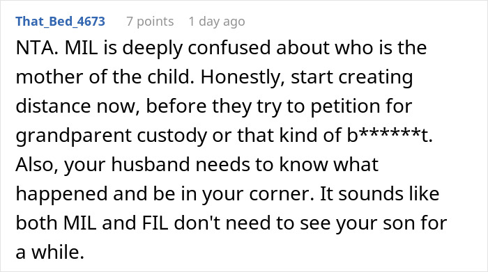 Screenshot of Reddit comment about MIL conflict, mentioning mom takes her baby and storms off after feeding dispute Screenshot of Reddit comment about MIL conflict, mentioning mom takes her baby and storms off after feeding dispute
