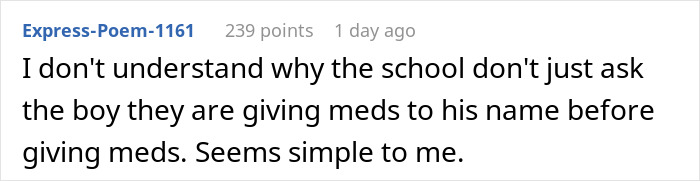 Comment discussing a parent refusing to make their twins less similar for easier school identification before giving medication. Comment discussing a parent refusing to make their twins less similar for easier school identification before giving medication.