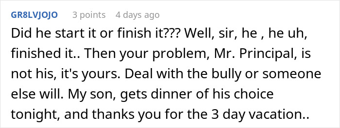 Comment discussing a dad taking son out to celebrate after he punches a bully, with mention of ex-wife's opinion.