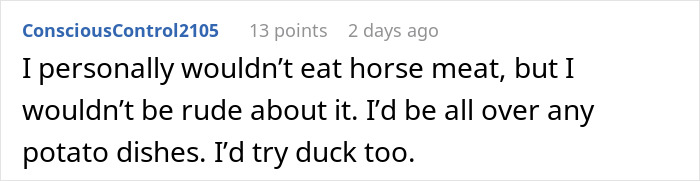 Comment discussing reactions to traditional gross food versus American dishes with mentions of horse meat, potato dishes, and duck.