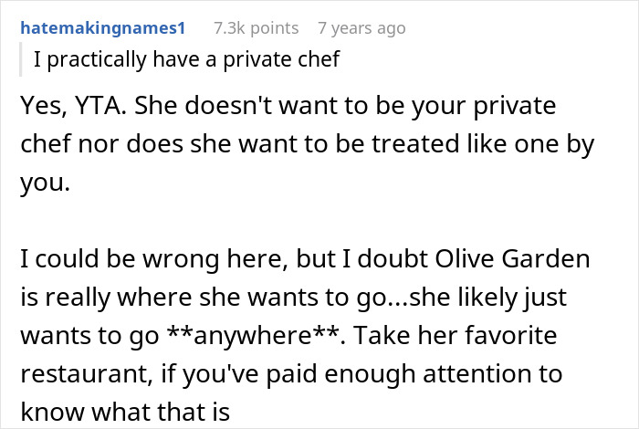 Comment discussing a chef girlfriend and boyfriend dynamic about not going to restaurants and relationship expectations. Comment discussing a chef girlfriend and boyfriend dynamic about not going to restaurants and relationship expectations.