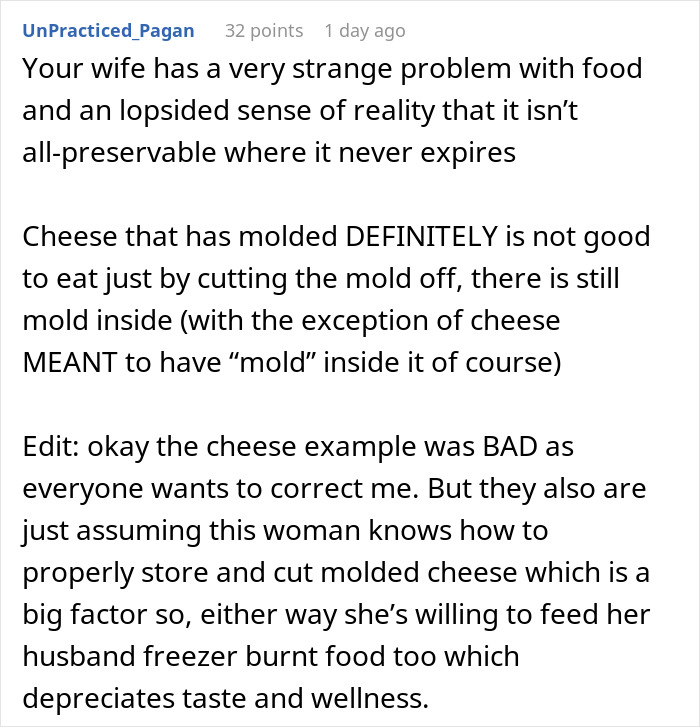 Screenshot of a Reddit comment discussing a wife’s unusual food habits, highlighting tension after an embarrassing lesson by her husband. Screenshot of a Reddit comment discussing a wife’s unusual food habits, highlighting tension after an embarrassing lesson by her husband.