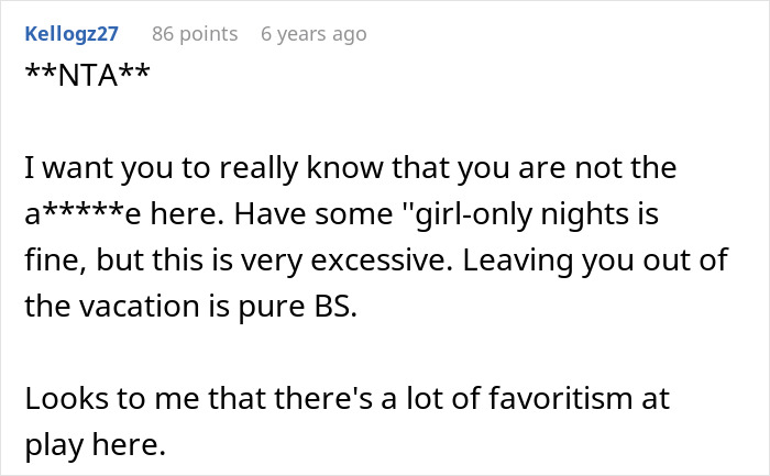 Screenshot of online comment discussing family drama and immaturity related to exclusion from girl days. Screenshot of online comment discussing family drama and immaturity related to exclusion from girl days.