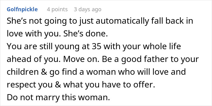 Reddit comment advising a 35-year-old man to move on and not marry; mentions GF's ATM and demands marriage for security Reddit comment advising a 35-year-old man to move on and not marry; mentions GF's ATM and demands marriage for security