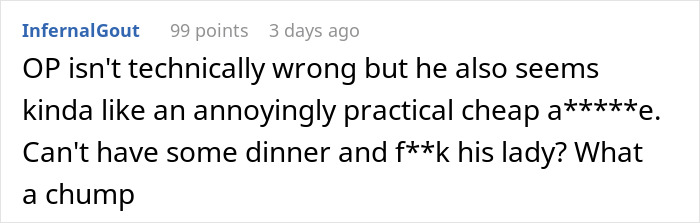 Screenshot of a forum comment discussing a man losing it over his girlfriend misunderstanding his business trip as a romantic getaway.