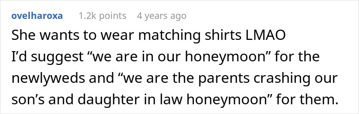 Text conversation about husband and parents coming as a surprise during honeymoon, discussing matching shirts idea.
