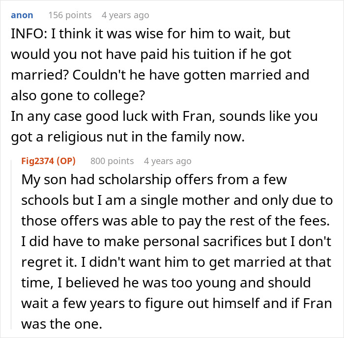 Excerpt from an online discussion where a mom urges her son not to marry his girlfriend right after high school.