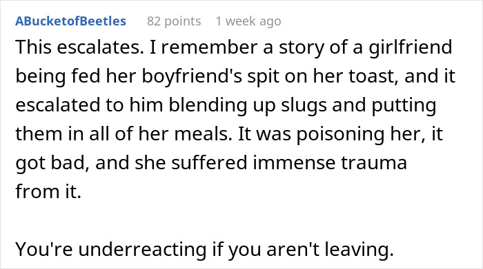 Comment describing a guy horrified after witnessing his girlfriend spitting in his food, with a disturbing story shared. Comment describing a guy horrified after witnessing his girlfriend spitting in his food, with a disturbing story shared.