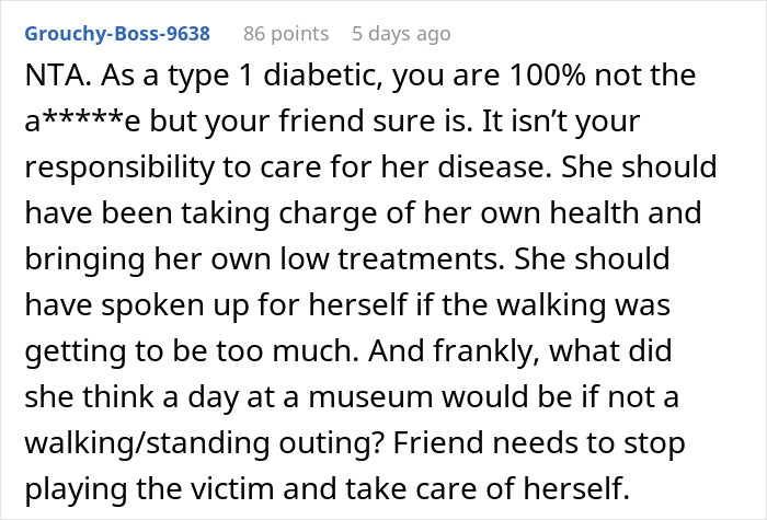 Comment about a diabetic woman mad at friend for an unplanned walking trip without warning or preparation.