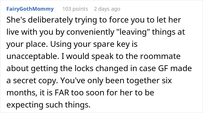 Screenshot of Reddit comment discussing a man feeling creeped out after his girlfriend uses a hidden key to enter his home. Screenshot of Reddit comment discussing a man feeling creeped out after his girlfriend uses a hidden key to enter his home.