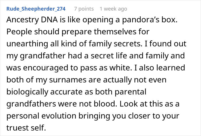 User sharing a story about discovering a secret family through ancestry DNA test revealing hidden family secrets and identities.