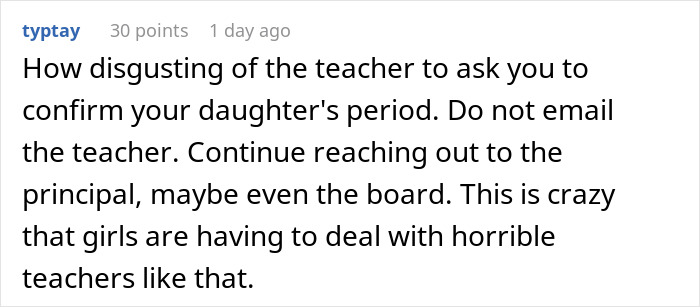 Comment criticizing a teacher for ignoring a daughter's emergency, urging to escalate the issue to school authorities. Comment criticizing a teacher for ignoring a daughter's emergency, urging to escalate the issue to school authorities.