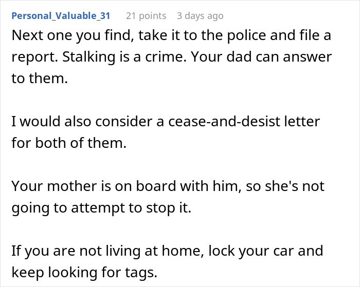 Comment advising to report stalking and consider legal action as man upset 27YO son won&rsquo;t let him track car with an AirTag for safety.