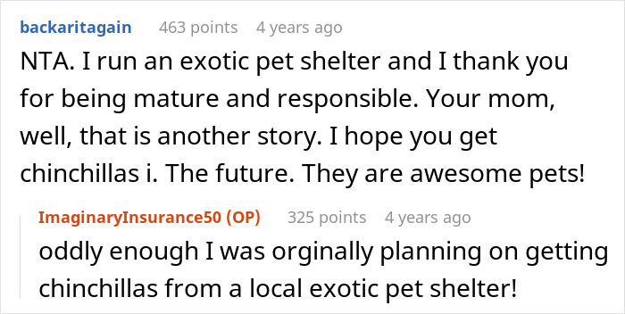 Reddit comments about a teen trying to give gifted chinchillas a proper life despite mom's frustration over settling.