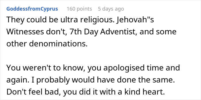 Comment text discussing religious denominations and apologizing kindly, related to babysitter giving birthday gift making mother furious story.
